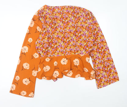 River Island Women Orange Floral Wrap Blouse Size 16 Long Sleeve