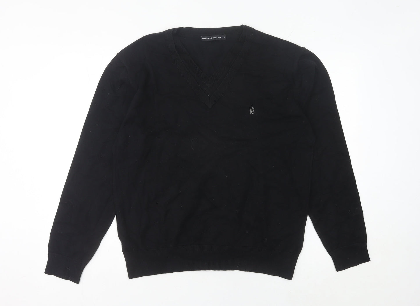French Connection Men’s Black L V-Neck Cotton Blend Jumper