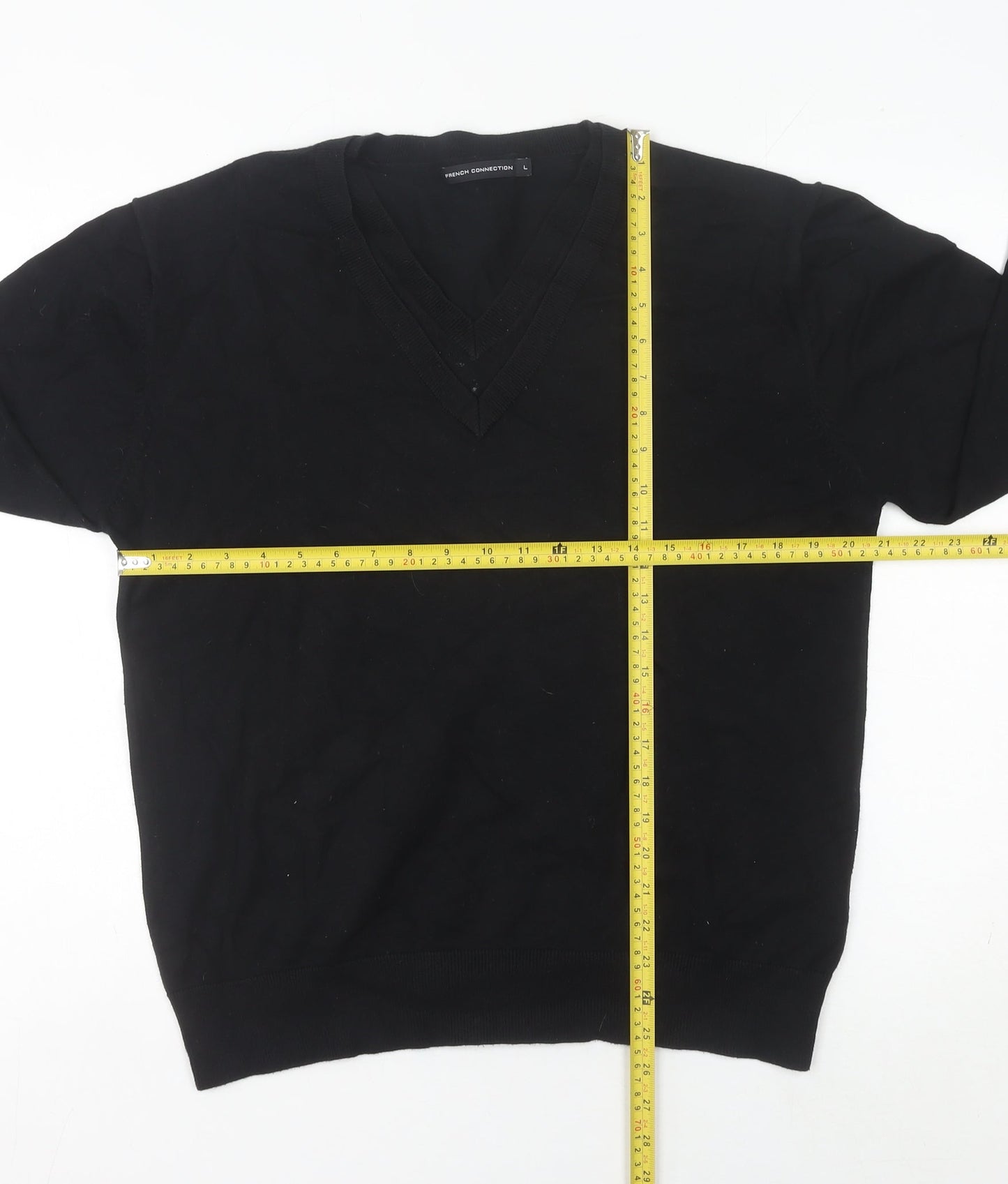 French Connection Men’s Black L V-Neck Cotton Blend Jumper