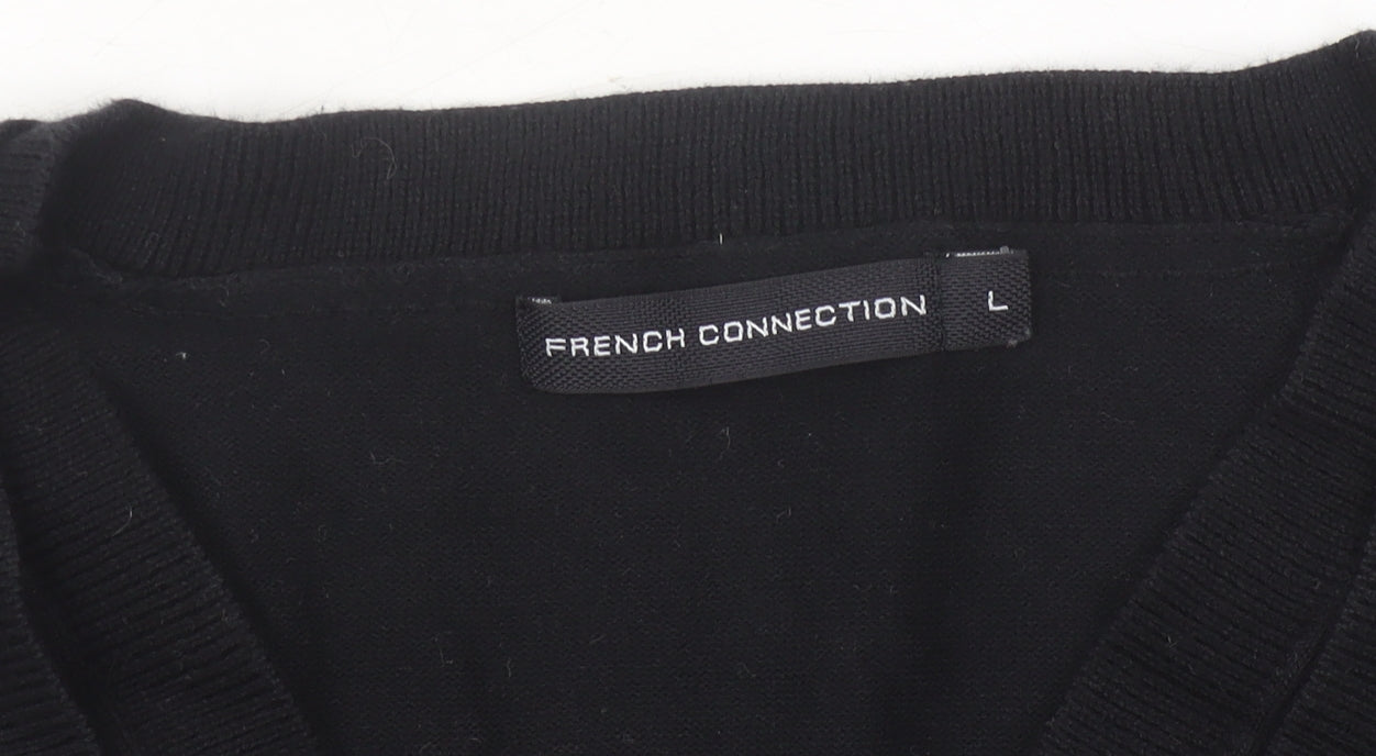 French Connection Men’s Black L V-Neck Cotton Blend Jumper