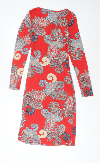 Joe Browns Women’s Red Paisley Bodycon Dress Size 8 V-Neck Boho Knee Length