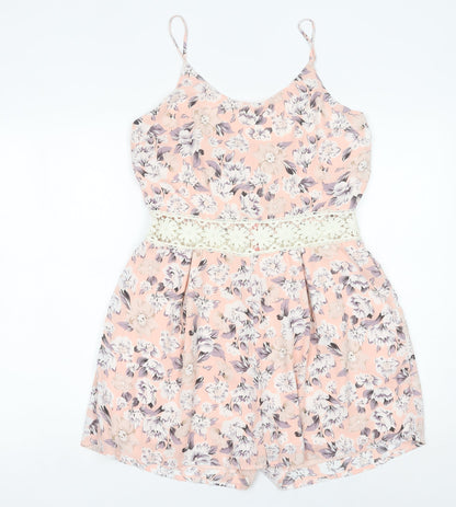Parisian Women’s Pink Floral Lace Trim Playsuit Size 14 Scoop Neck