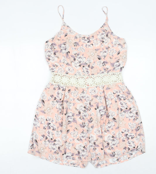 Parisian Women’s Pink Floral Lace Trim Playsuit Size 14 Scoop Neck