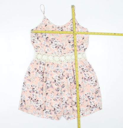 Parisian Women’s Pink Floral Lace Trim Playsuit Size 14 Scoop Neck