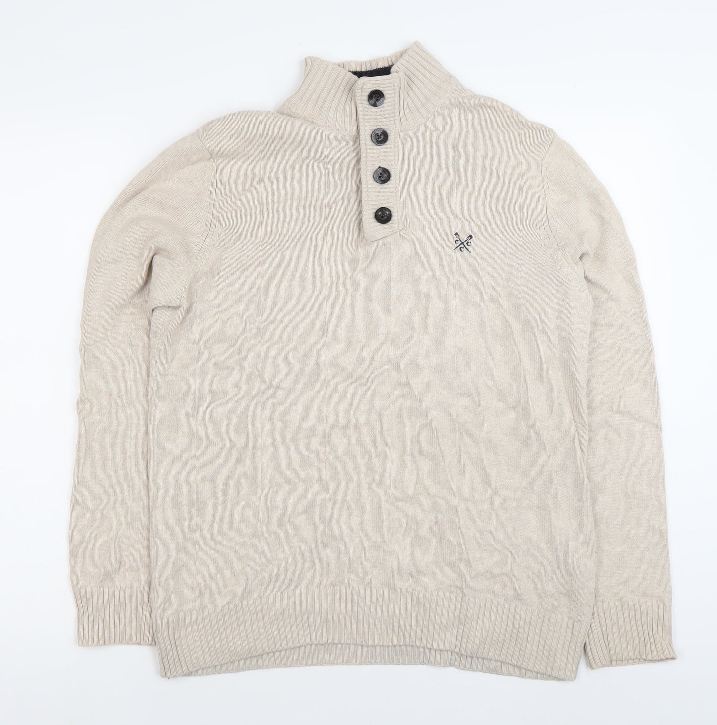 Crew Clothing Co. Men's Beige Cotton Henley Jumper Medium