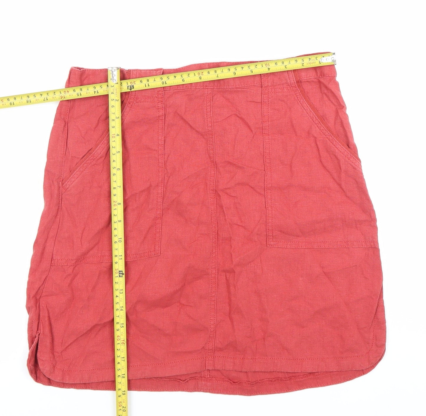 Next Women's Red Linen Blend Short Skirt Size 14 Elastic Waist Pockets
