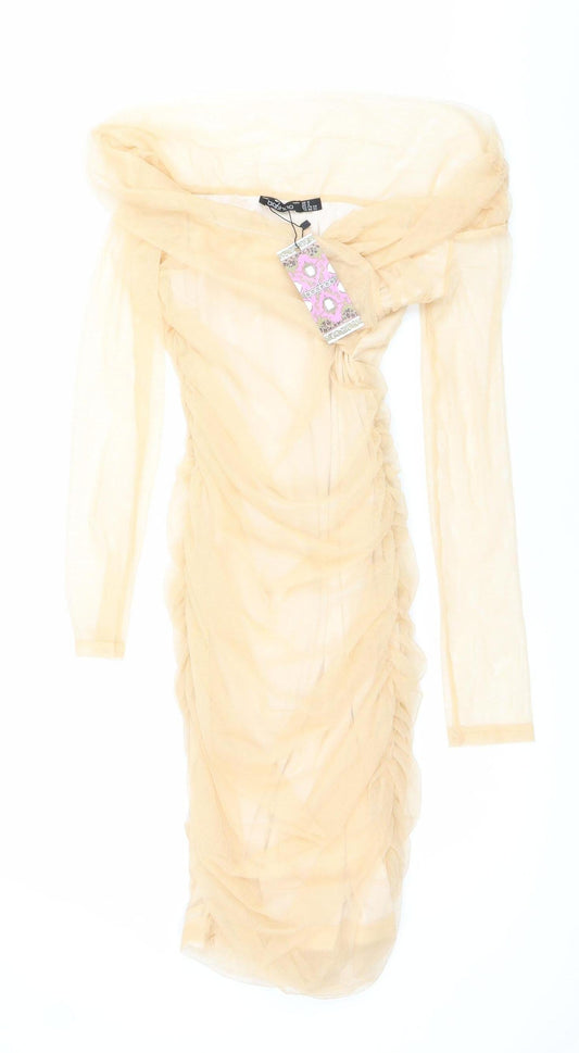 Boohoo Women’s Beige Bardot Bodycon Midi Party Dress Size 6