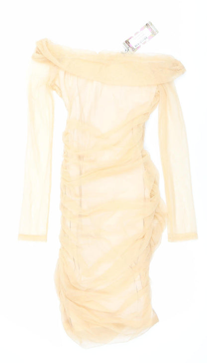 Boohoo Women’s Beige Bardot Bodycon Midi Party Dress Size 6