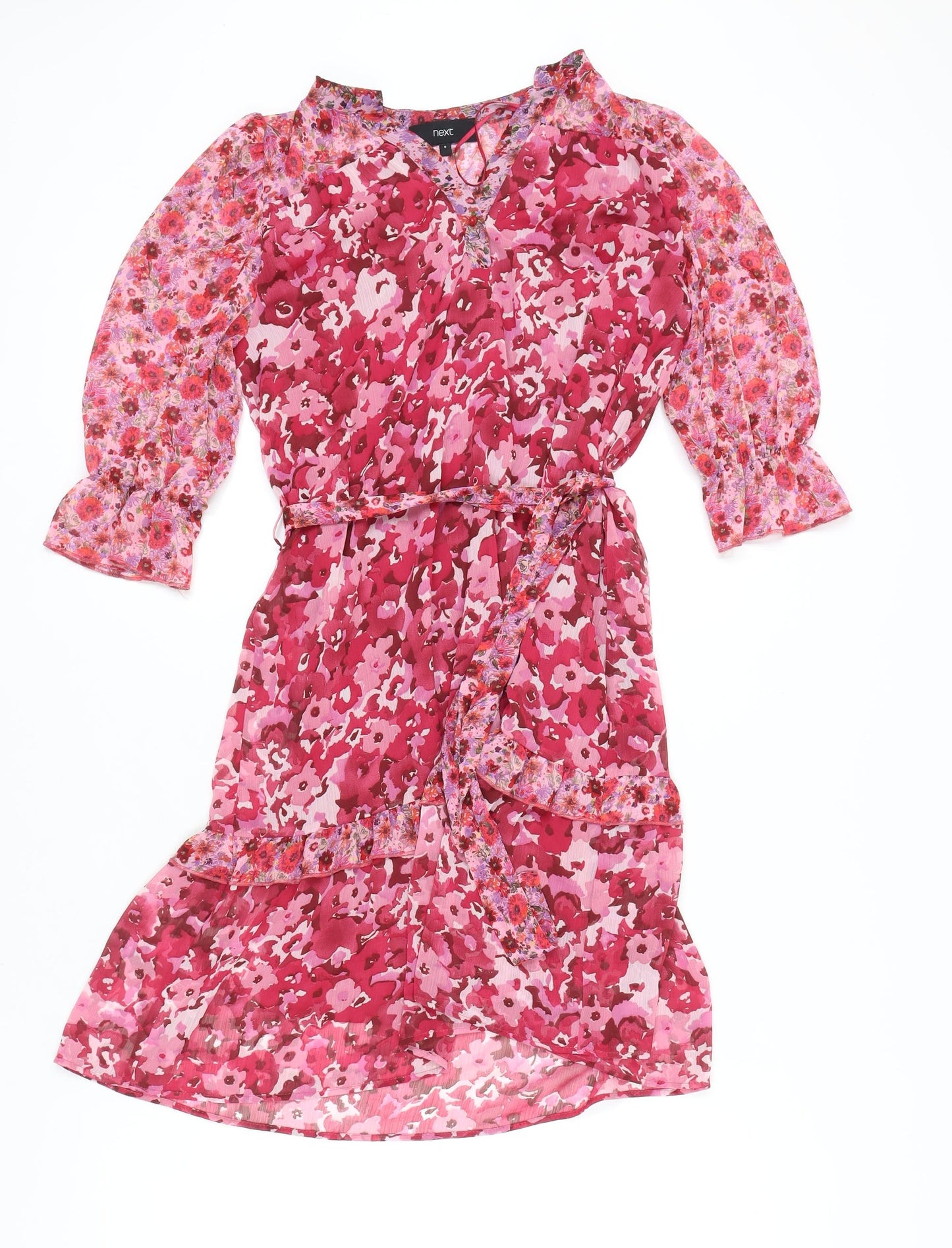 Next Women’s Pink Floral A-Line Chiffon Belted Dress UK 6
