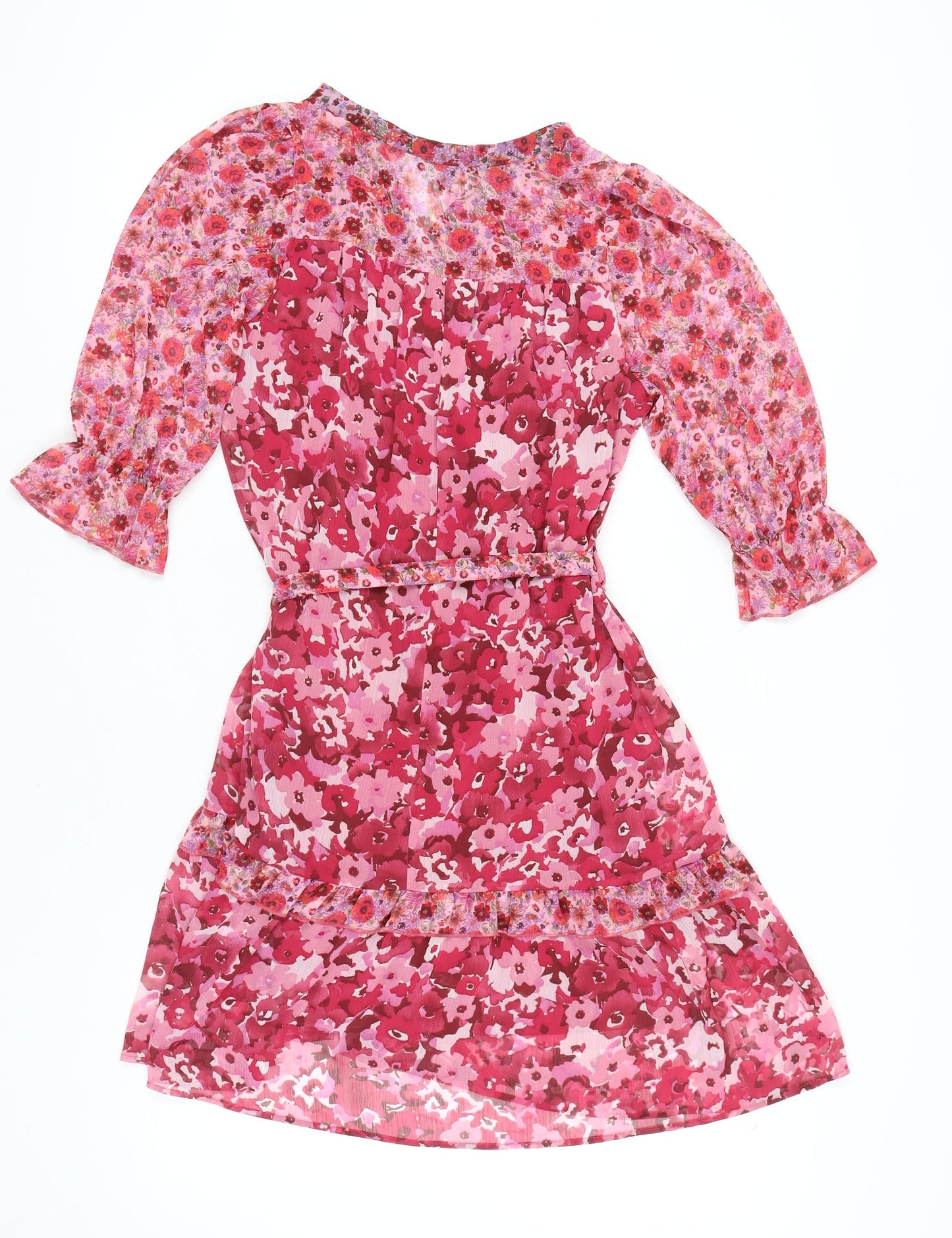 Next Women’s Pink Floral A-Line Chiffon Belted Dress UK 6