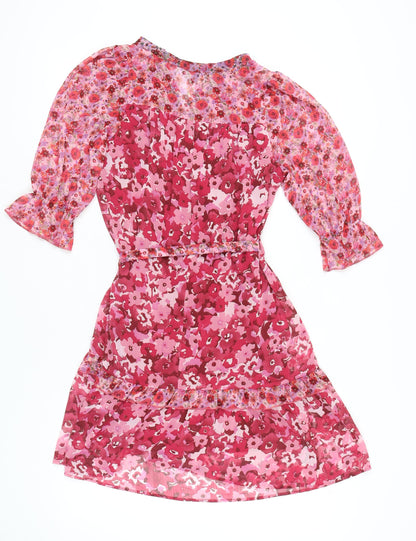 Next Women’s Pink Floral A-Line Chiffon Belted Dress UK 6