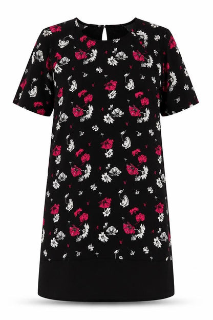 Damart Women’s Black Floral Shift Dress Size 18 Short Sleeve Knee Length