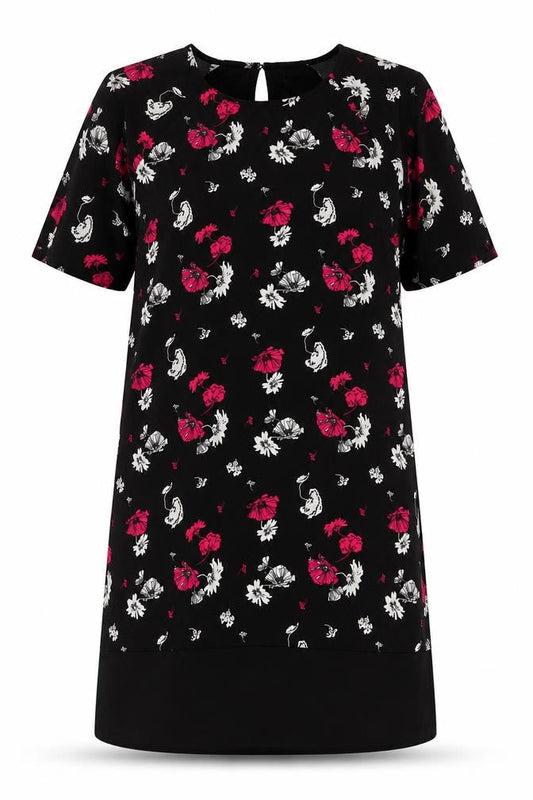 Damart Women’s Black Floral Shift Dress Size 18 Short Sleeve Knee Length