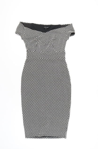 New Look Women’s Black Check Bodycon Knee Length Off Shoulder Dress Size 8