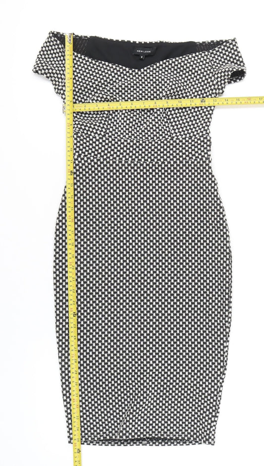 New Look Women’s Black Check Bodycon Knee Length Off Shoulder Dress Size 8