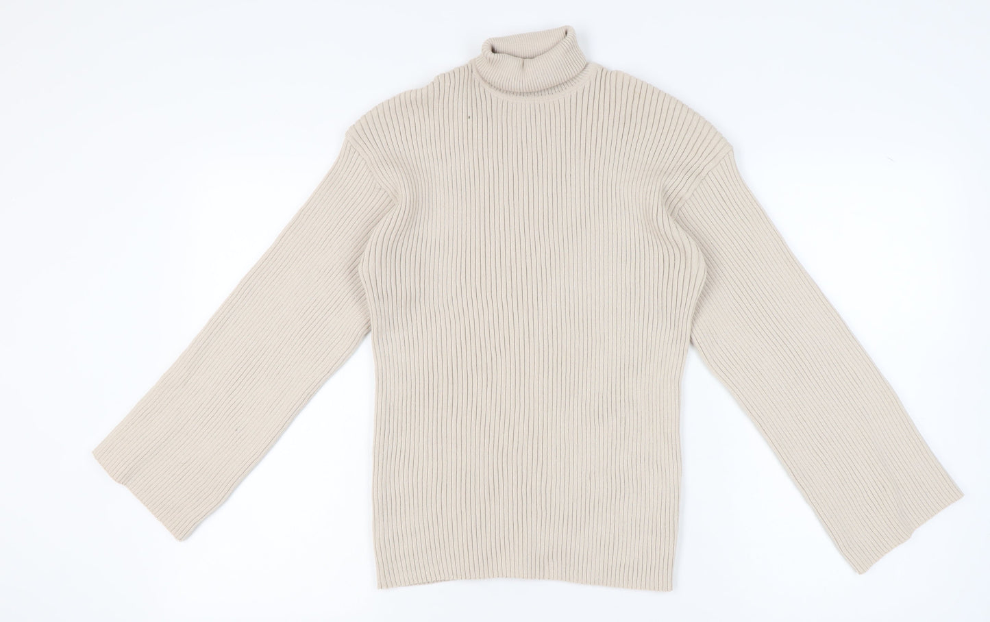 Boohoo Women’s Beige Roll Neck Rib-Knit Pullover Jumper Size M