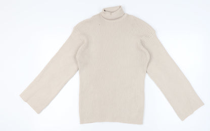 Boohoo Women’s Beige Roll Neck Rib-Knit Pullover Jumper Size M