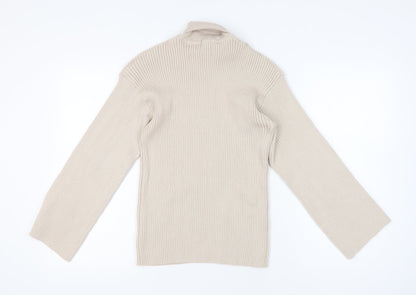 Boohoo Women’s Beige Roll Neck Rib-Knit Pullover Jumper Size M