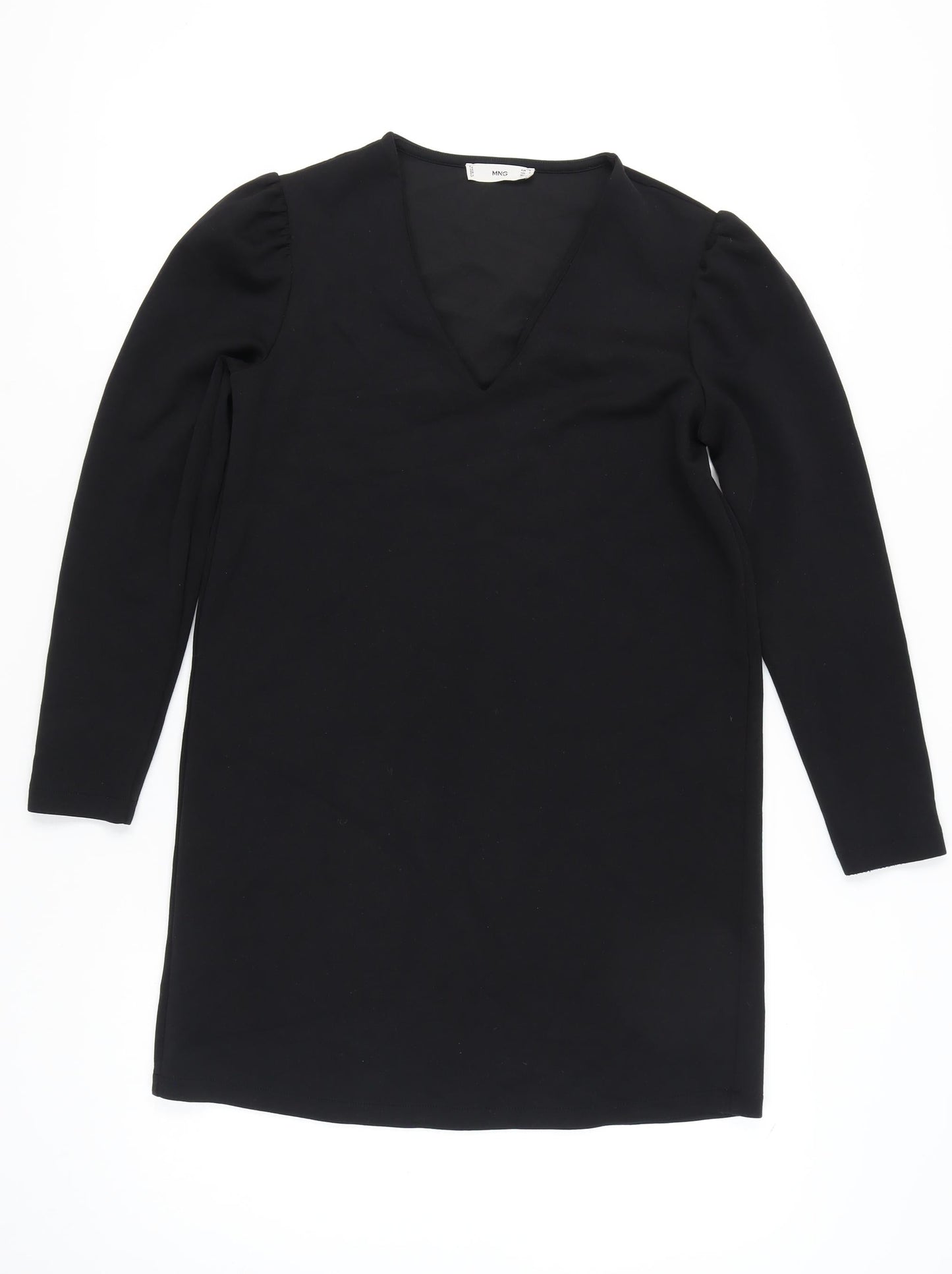 Mango Women Black Size 12 Shift Dress V-Neck Long Sleeve
