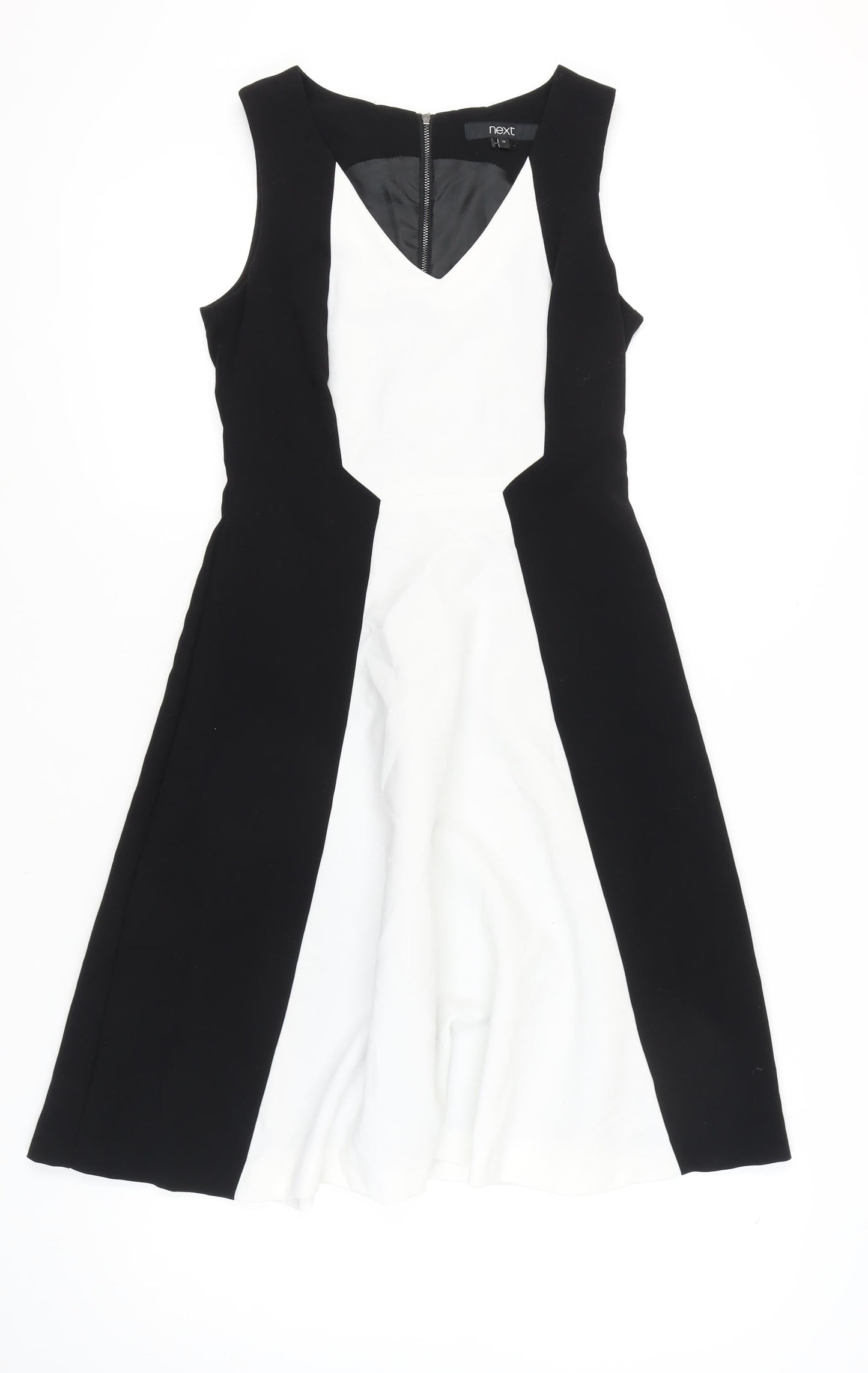 Next Women’s Black White Fit & Flare Dress Size 10 V-Neck Knee Length