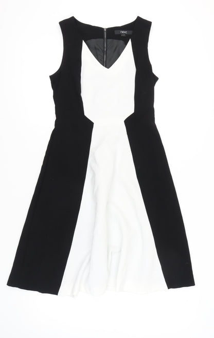 Next Women’s Black White Fit & Flare Dress Size 10 V-Neck Knee Length
