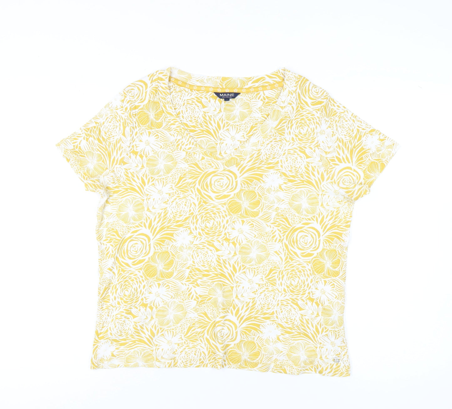 Maine New England Women’s Yellow Floral V-Neck Cotton T-Shirt Size 18