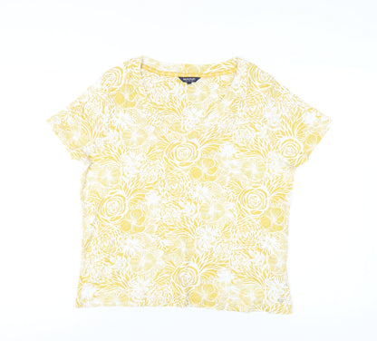 Maine New England Women’s Yellow Floral V-Neck Cotton T-Shirt Size 18