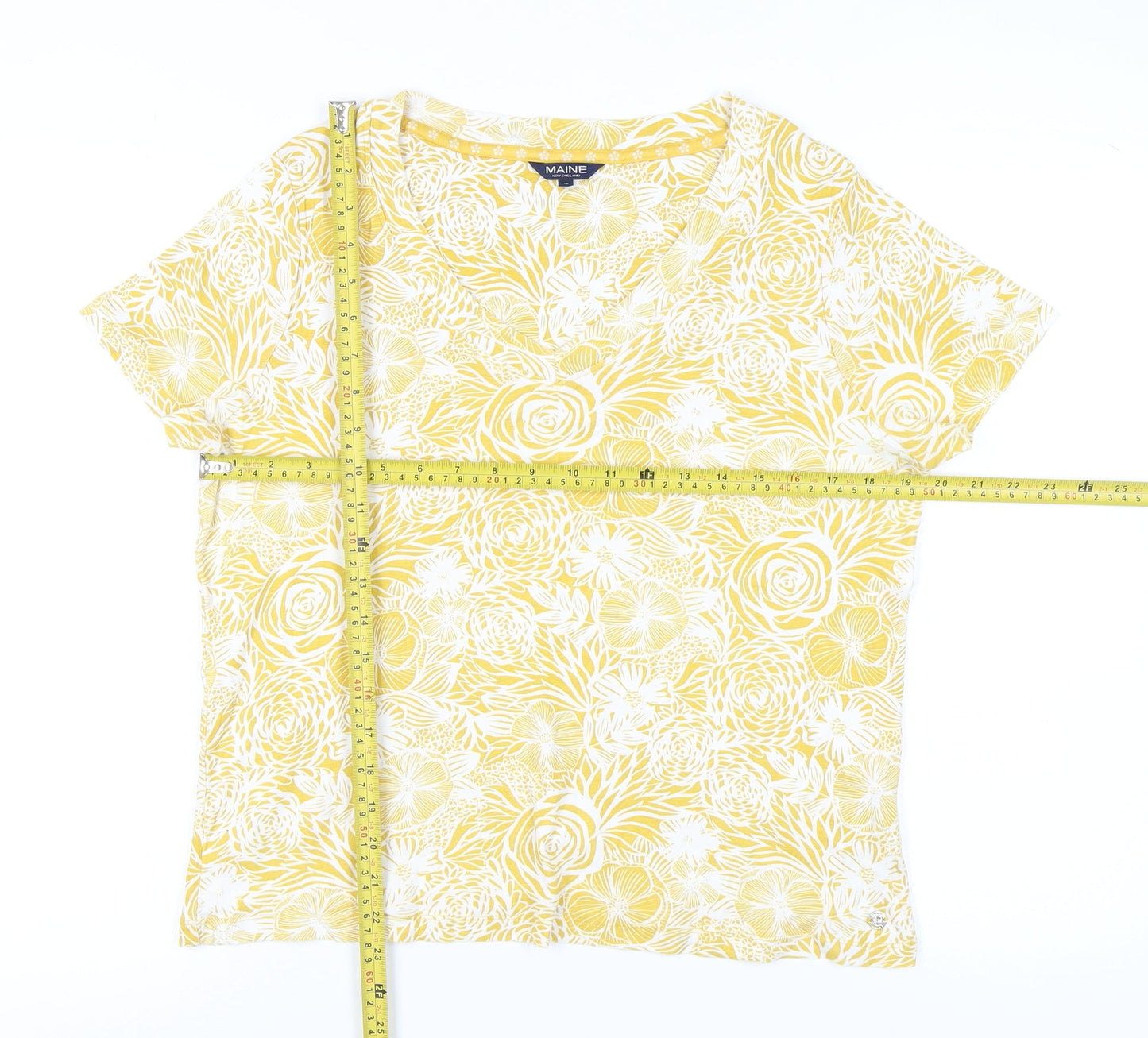 Maine New England Women’s Yellow Floral V-Neck Cotton T-Shirt Size 18