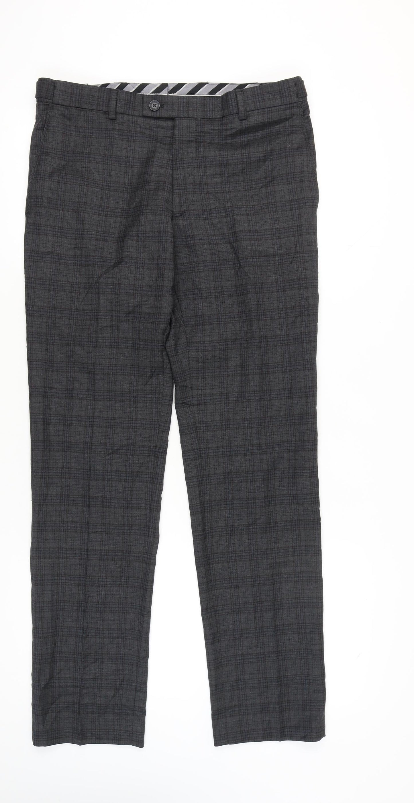 Jeff Banks Men's Grey Check Dress Trousers 34L Wool Blend Straight Fit