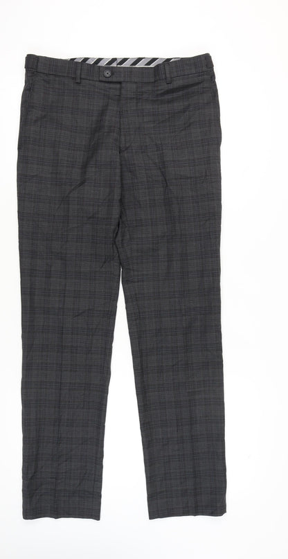Jeff Banks Men's Grey Check Dress Trousers 34L Wool Blend Straight Fit