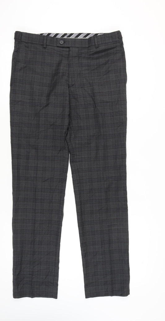 Jeff Banks Men's Grey Check Dress Trousers 34L Wool Blend Straight Fit