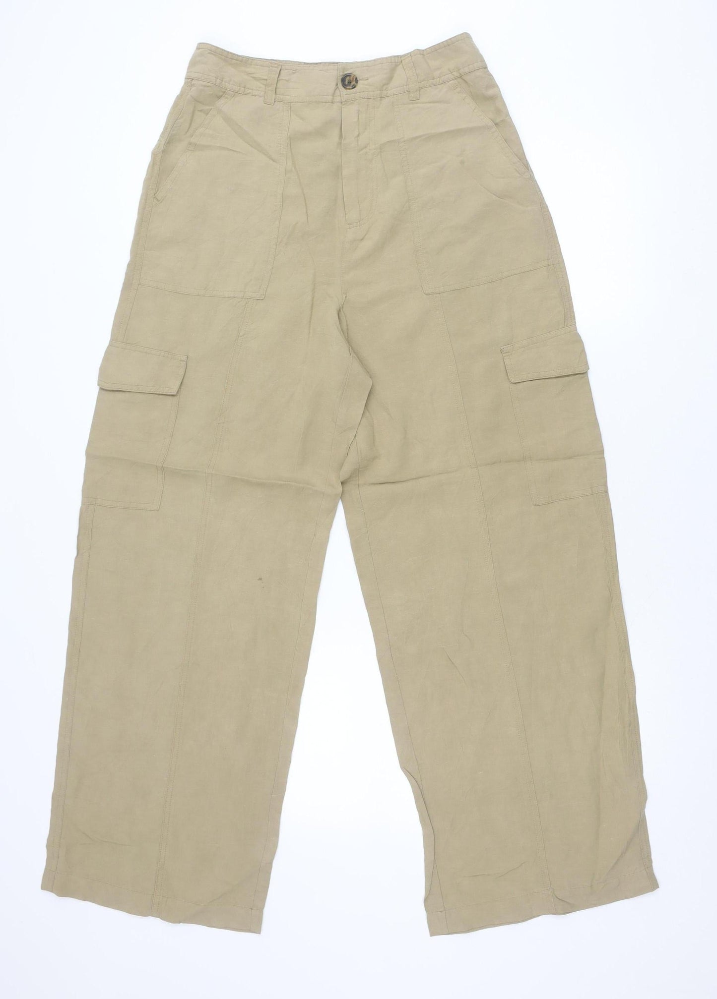 Zara Women Beige Linen Viscose Cargo Trousers M Straight Leg