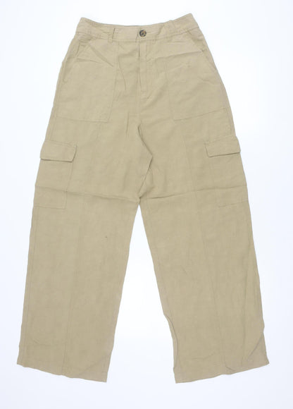 Zara Women Beige Linen Viscose Cargo Trousers M Straight Leg