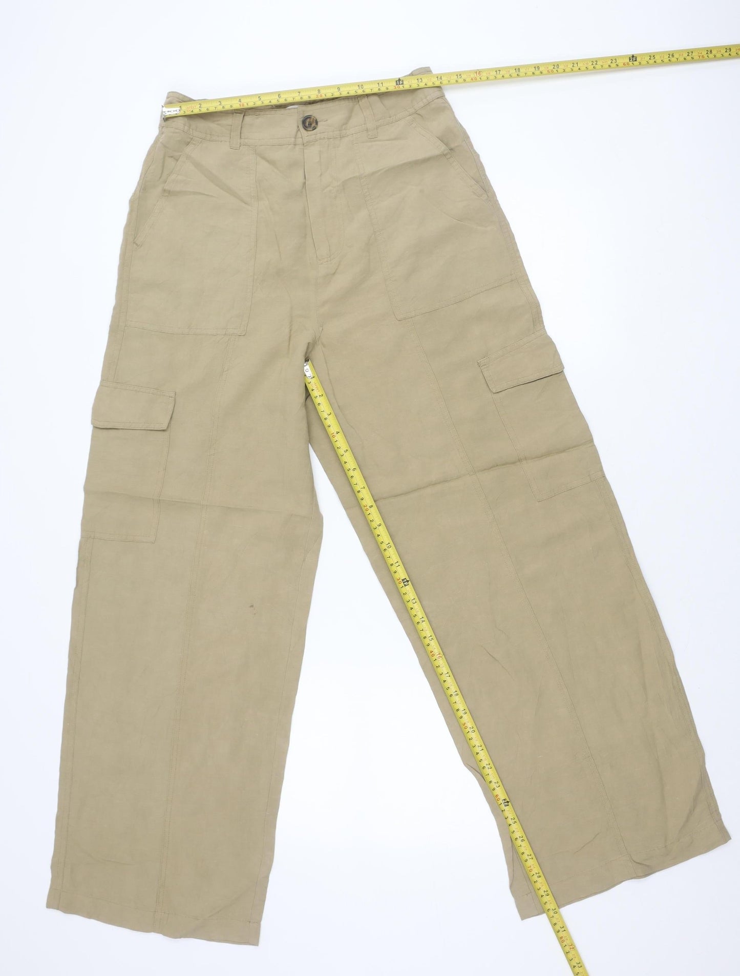 Zara Women Beige Linen Viscose Cargo Trousers M Straight Leg