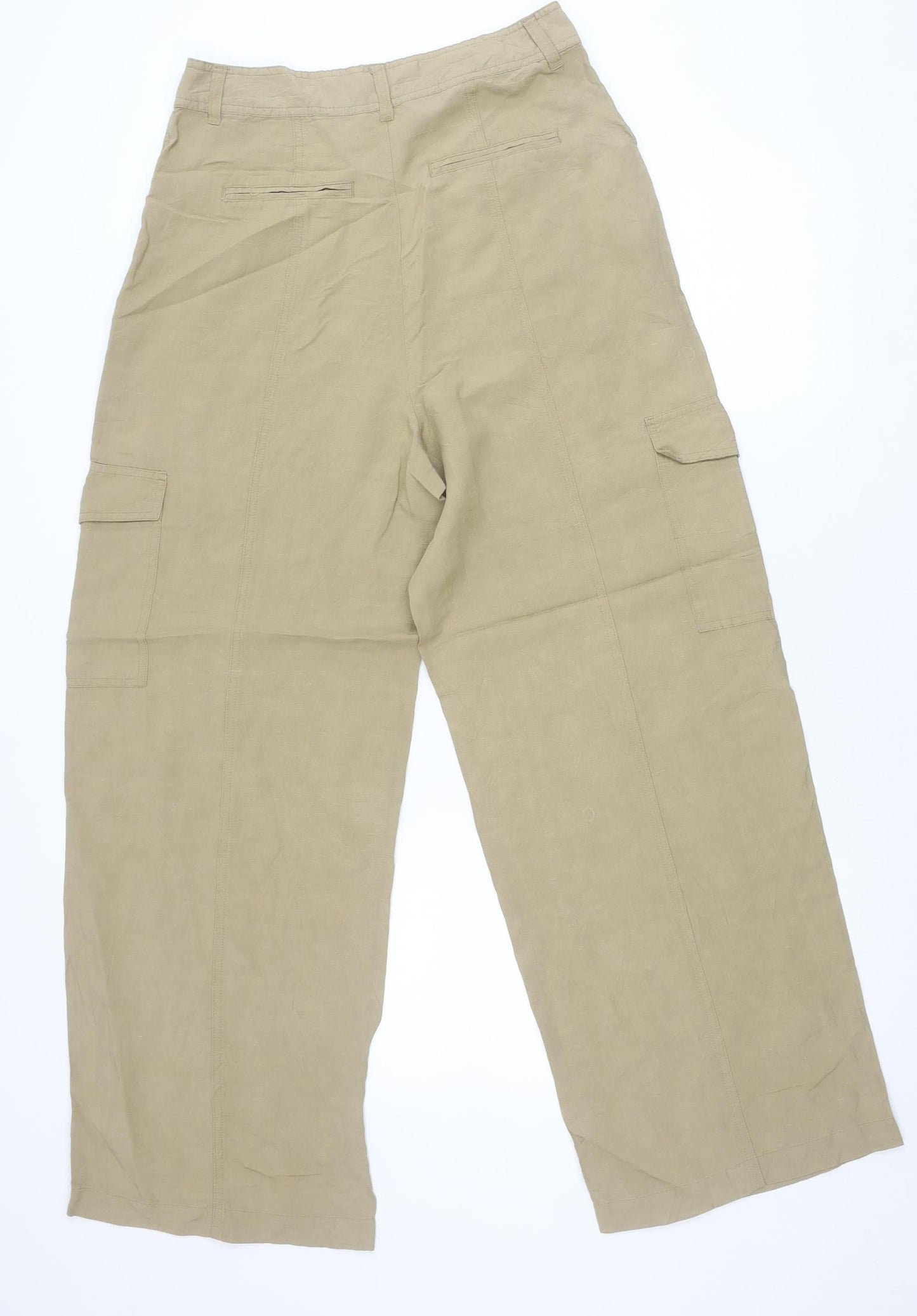 Zara Women Beige Linen Viscose Cargo Trousers M Straight Leg