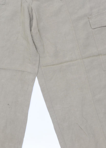 Zara Women Beige Linen Viscose Cargo Trousers M Straight Leg