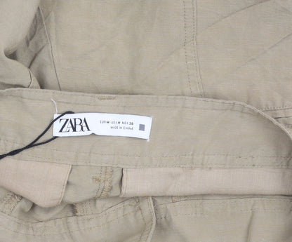 Zara Women Beige Linen Viscose Cargo Trousers M Straight Leg