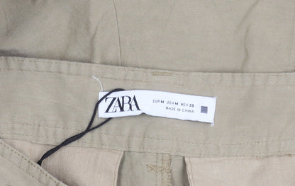 Zara Women Beige Linen Viscose Cargo Trousers M Straight Leg