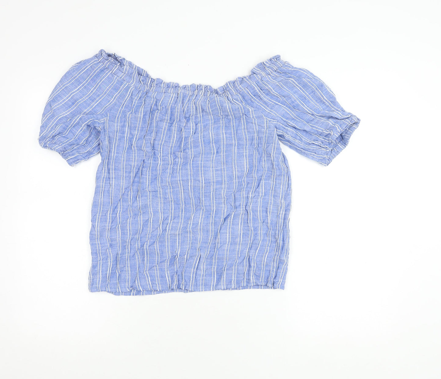 Papaya Women’s Blue Striped Off Shoulder Puff Sleeve Peasant Blouse Size 12