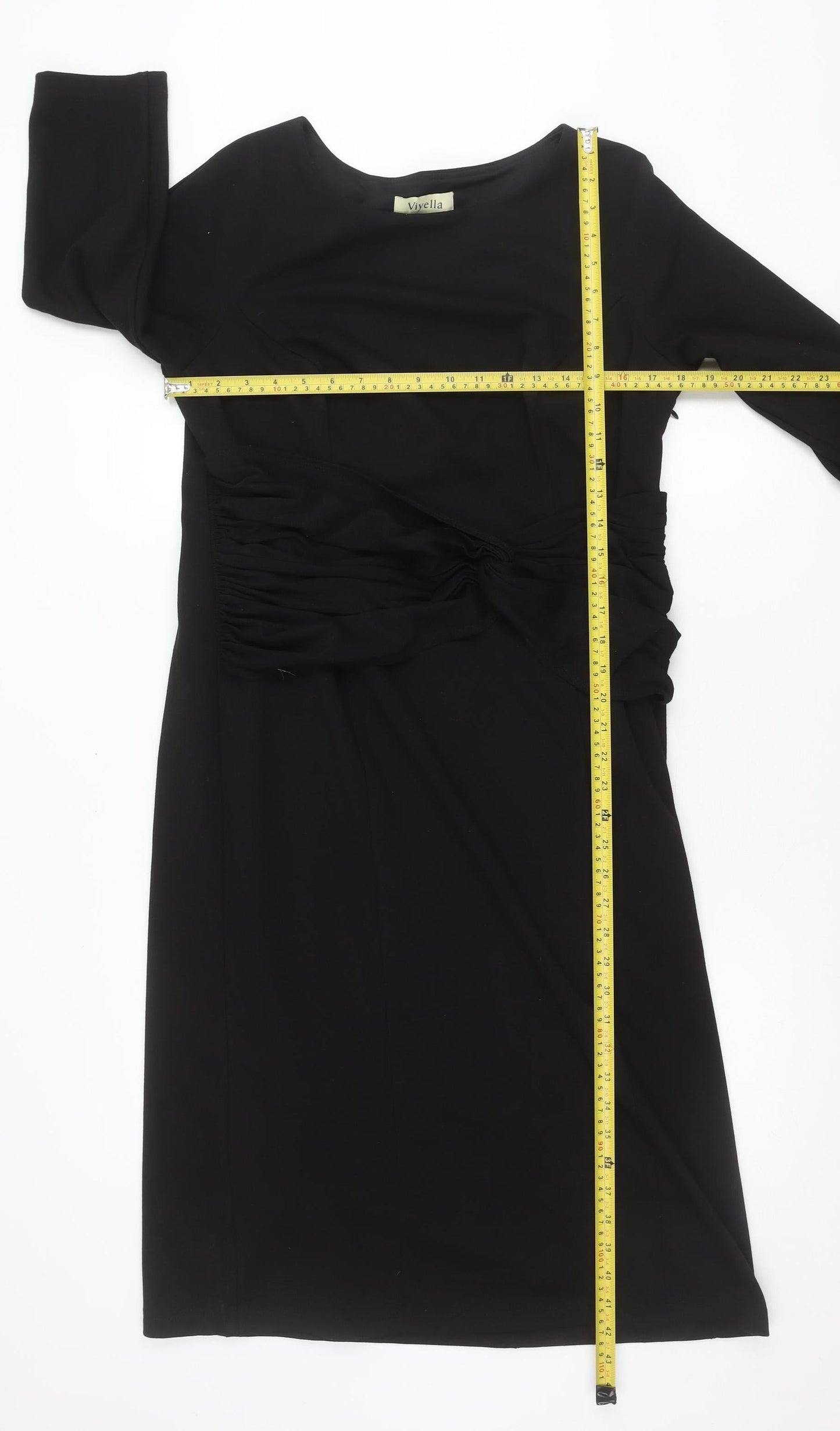 Viyella Women’s Black Knee Length Sheath Dress L 3/4 Sleeve Ruched