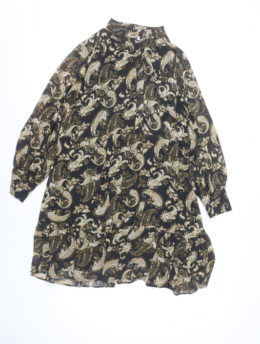 Mango Women's Black Paisley Shift Dress Size 8 Long Sleeve Chiffon