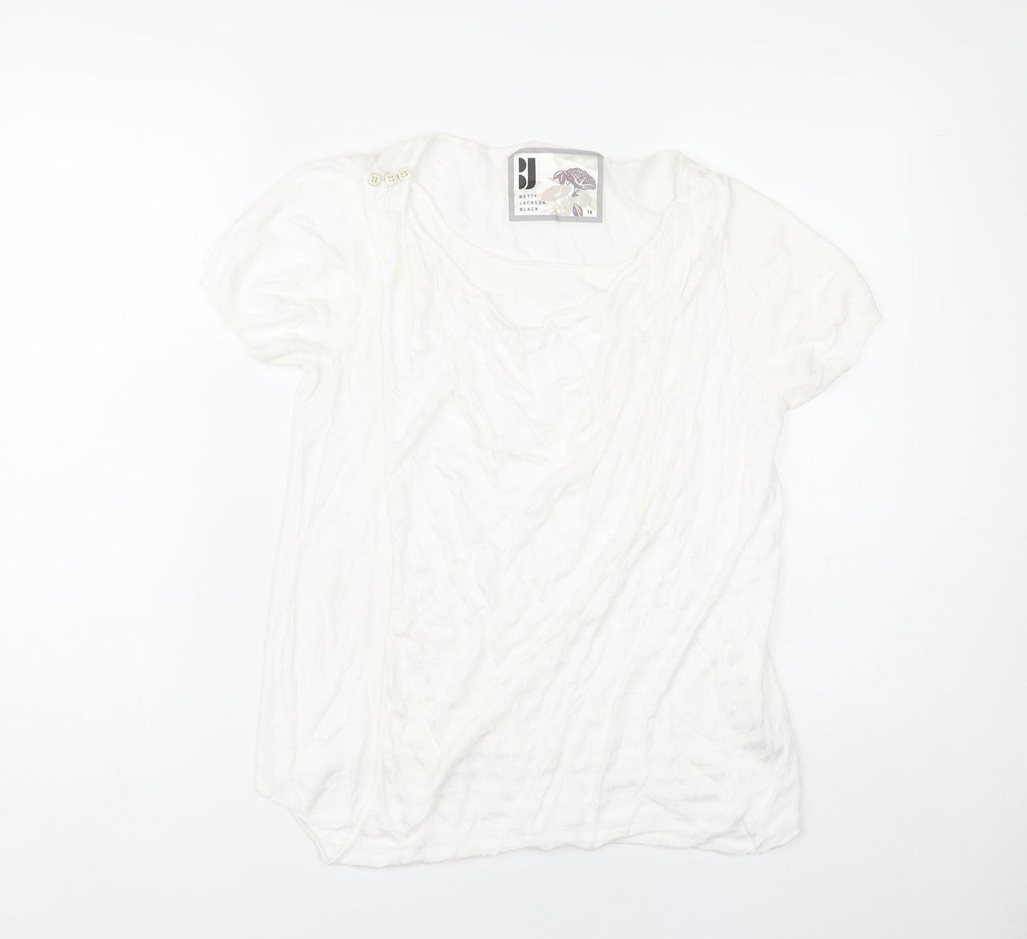 Betty Jackson Black Women’s White Blouse Size 14 Puff Sleeve Scoop Neck