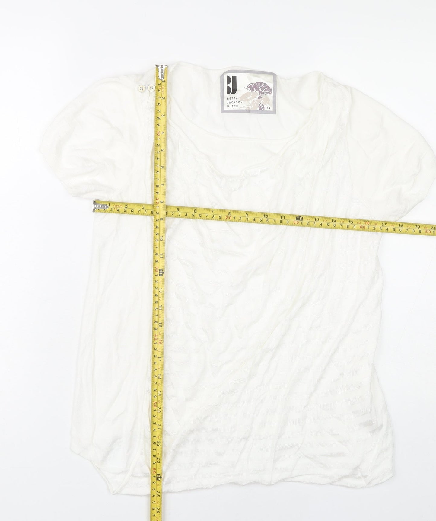 Betty Jackson Black Women’s White Blouse Size 14 Puff Sleeve Scoop Neck