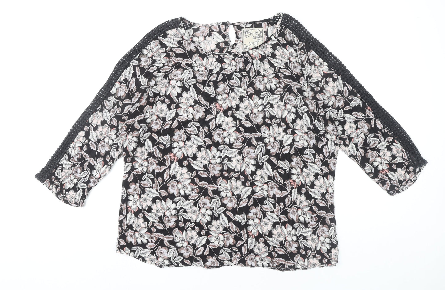 M&Co Women’s Black Floral Crochet Trim Tunic Blouse Size 14