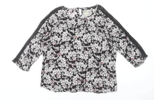 M&Co Women’s Black Floral Crochet Trim Tunic Blouse Size 14
