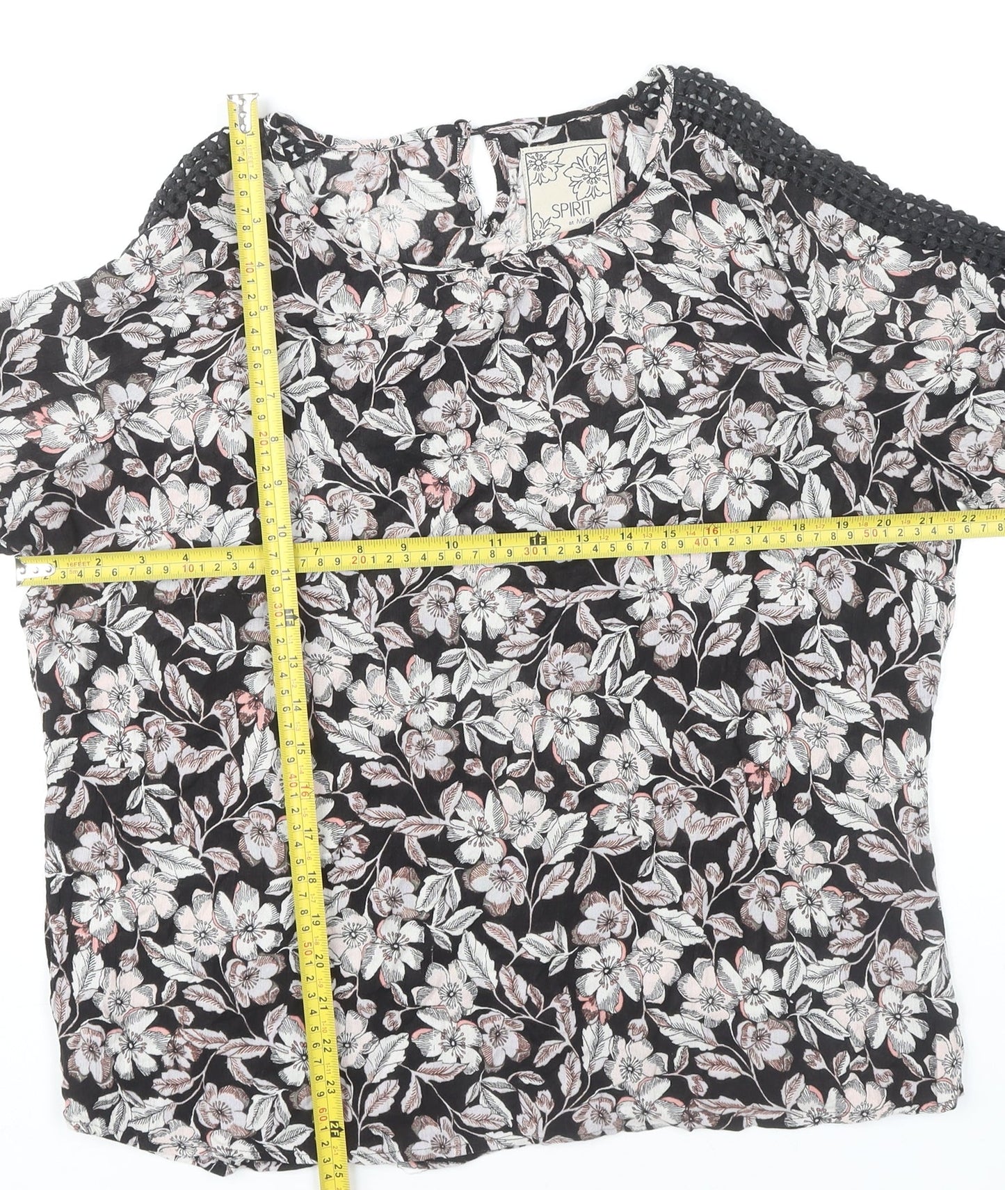 M&Co Women’s Black Floral Crochet Trim Tunic Blouse Size 14