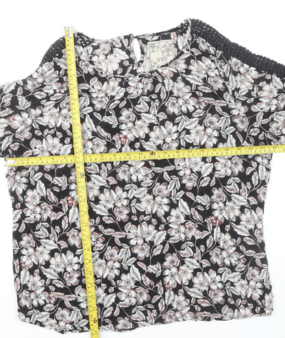 M&Co Women’s Black Floral Crochet Trim Tunic Blouse Size 14