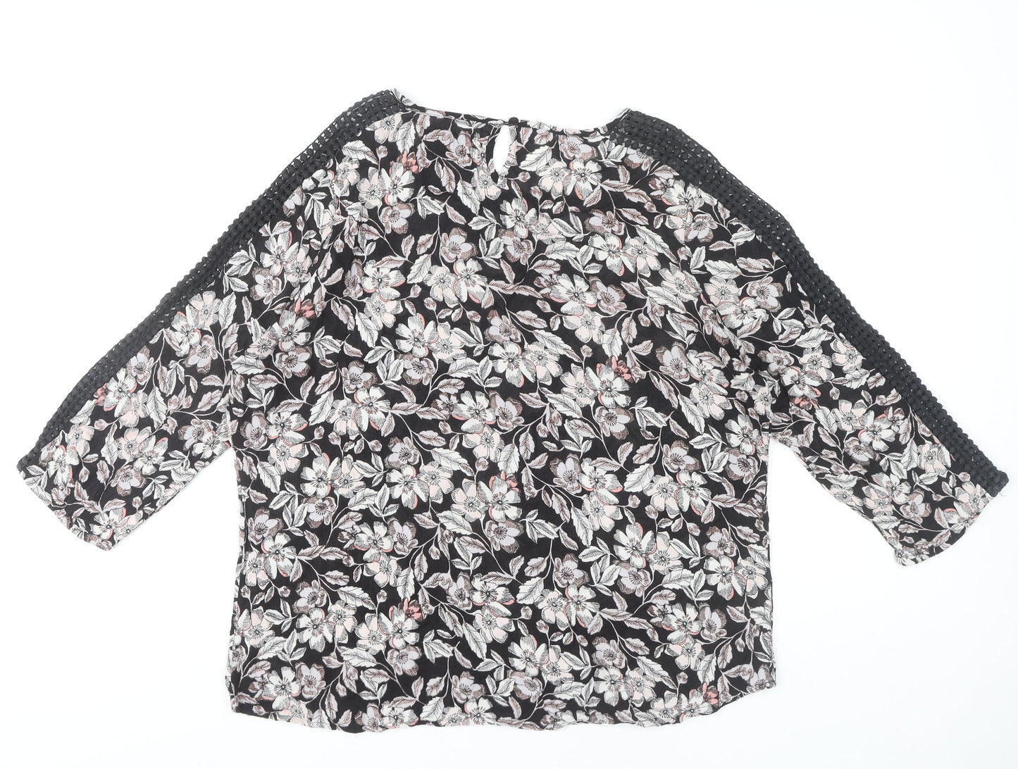 M&Co Women’s Black Floral Crochet Trim Tunic Blouse Size 14