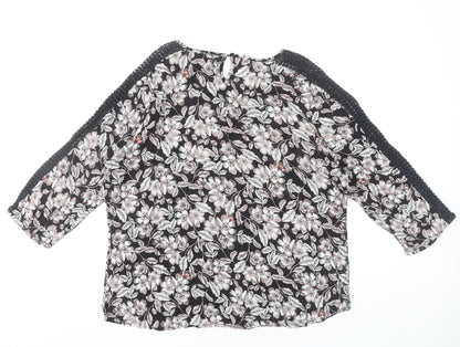 M&Co Women’s Black Floral Crochet Trim Tunic Blouse Size 14