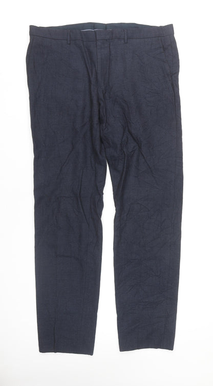 Hugo Boss Men's Blue Check Wool Blend Dress Trousers L 36W 32L